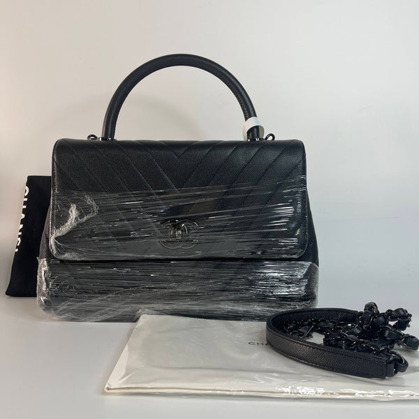 Chanel/ CC Coco Handle So Black Chevron Quilted Satchel Grainy Cowhide Handbag /Crossbody