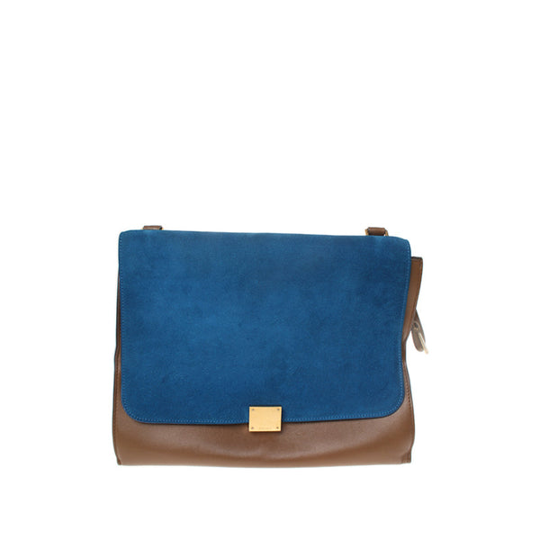 Celine/ Trapeze Brown Calfskin with Blue Suede Flap Handbag